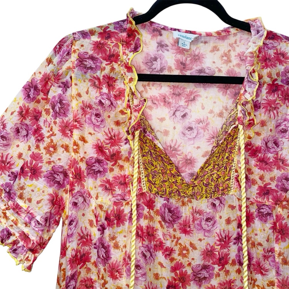 Sundance Fields of Beauty Dress Pink Yellow Tiered Tassel Tie Midi Size Large - Picture 6 of 14